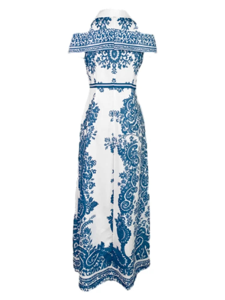 Freeacy Floral Printed Bodycon Dress for Women Cold Shoulder Lapel Collar High Waist A-line Maxi Evening Dresses Party Gowns