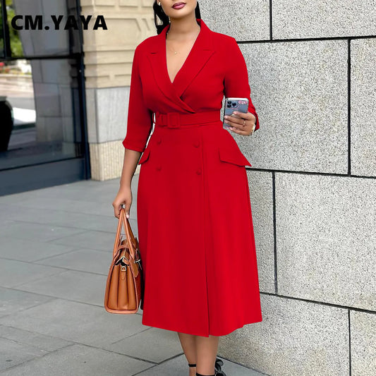 Notched Neck Elegant Midi Dress With Belt For Work Party