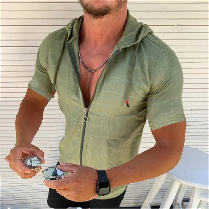 Fashion Long/Short sleeved Hoodie Zipper T shirt Men clothing Summer Solid color Casual Plaid print Open Stitch Thin Tshirt Mens