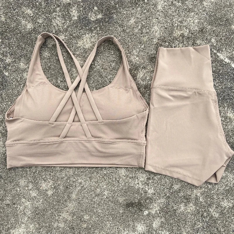 Women Yoga Set Cross Back Bra Top High Waist Shorts