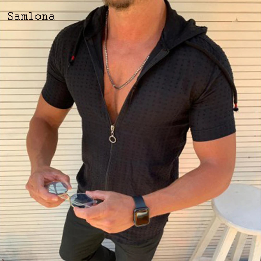 Mens Hooded Zip Tee Shirt With Plaid Print Casual Top