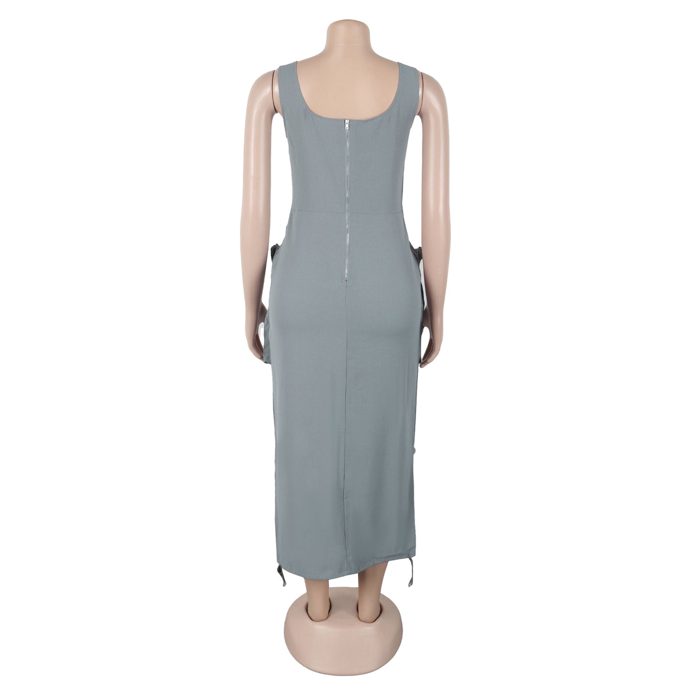 CM.YAYA 2025 Summer O-neck Mult Pockets Cargo Midi Long Dress Women Sleeveless Casual Bodycon Night Club Party Dresses Vestidos