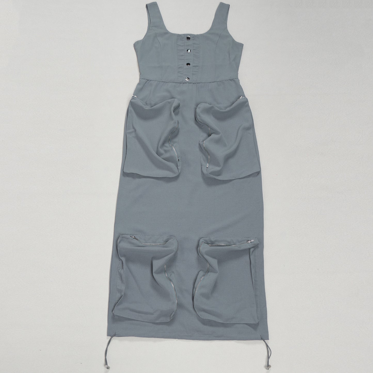 CM.YAYA 2025 Summer O-neck Mult Pockets Cargo Midi Long Dress Women Sleeveless Casual Bodycon Night Club Party Dresses Vestidos