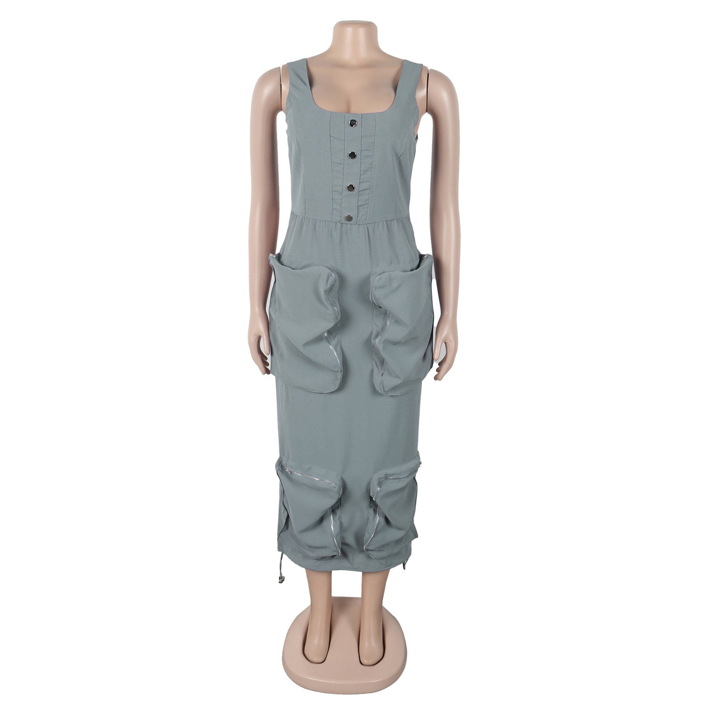 CM.YAYA 2025 Summer O-neck Mult Pockets Cargo Midi Long Dress Women Sleeveless Casual Bodycon Night Club Party Dresses Vestidos