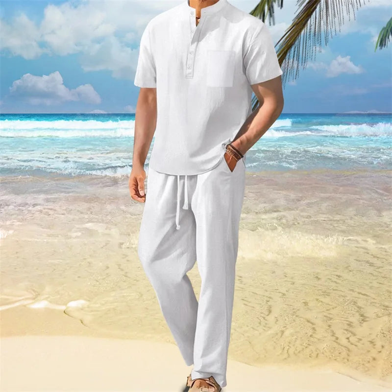 Men s Casual 2 Piece Outfit Short Sleeve Henley Tops with Drawstring Pants Loose Solid Color Set for a Stylish Look
