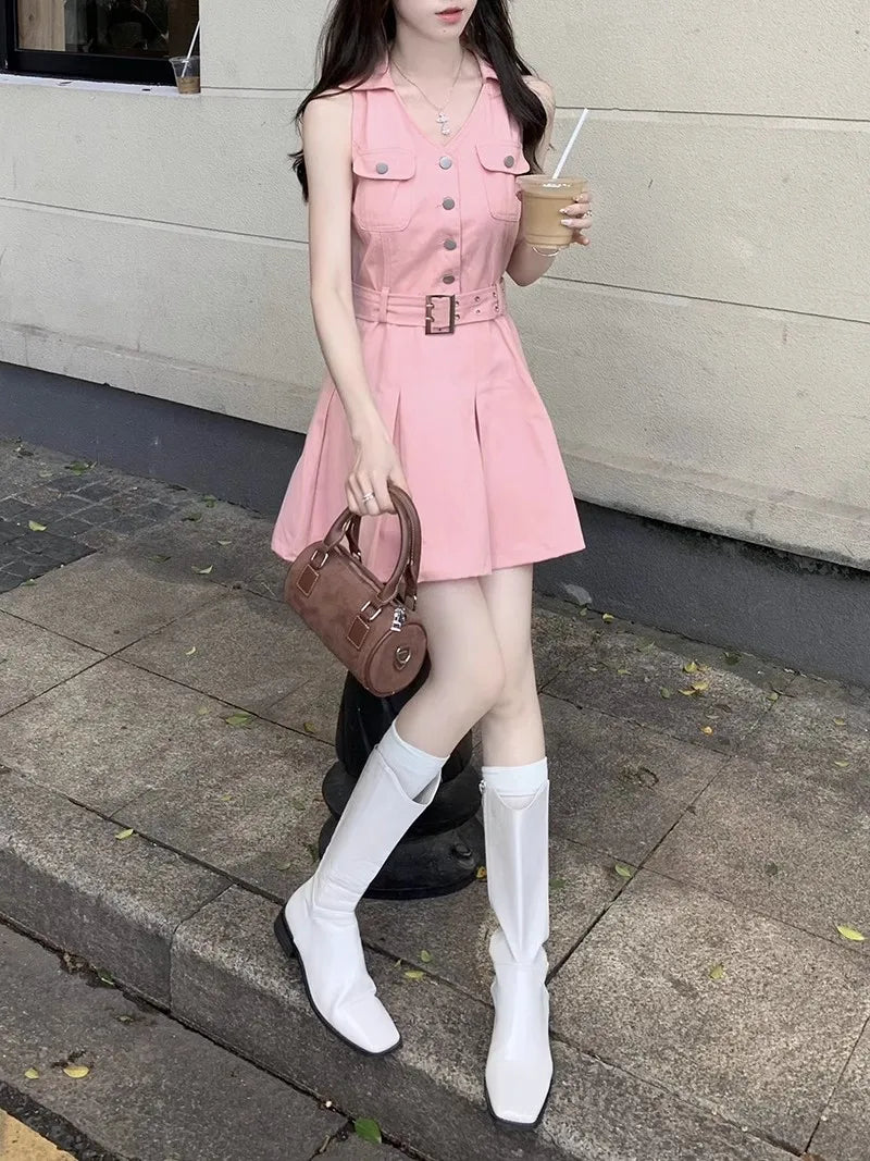 Youth Women Denim Dress Design V-Neck Slim Waist Short Peng Peng Pleated Jeans Dress With Belt Outfits For Girls