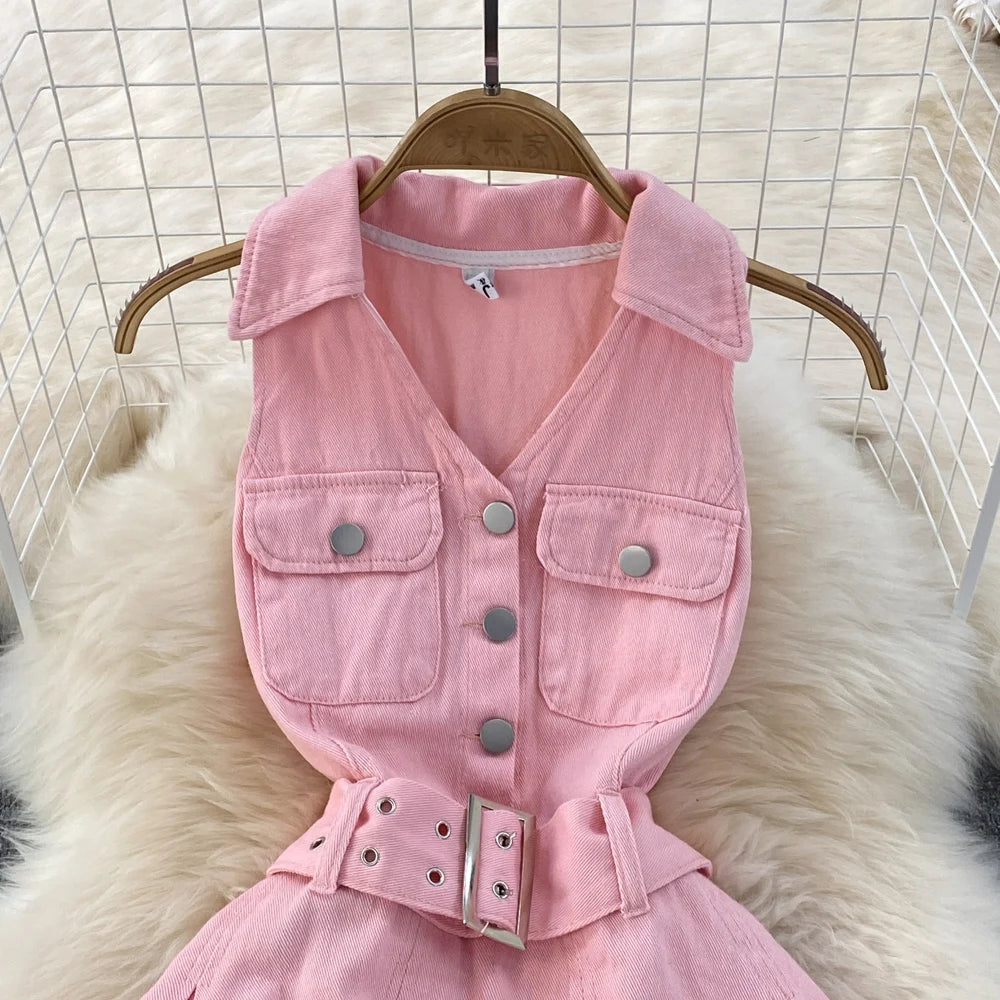 Youth Women Denim Dress Design V-Neck Slim Waist Short Peng Peng Pleated Jeans Dress With Belt Outfits For Girls