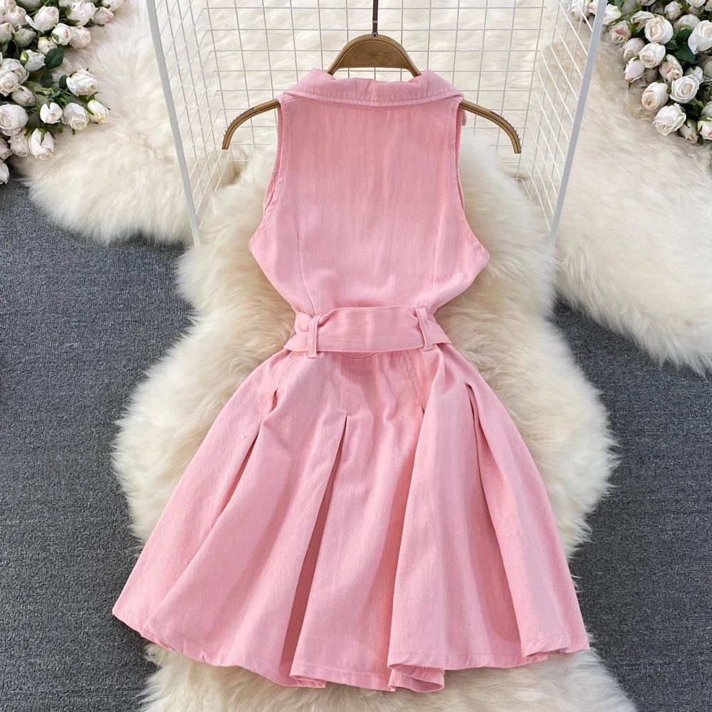 Youth Women Denim Dress Design V-Neck Slim Waist Short Peng Peng Pleated Jeans Dress With Belt Outfits For Girls