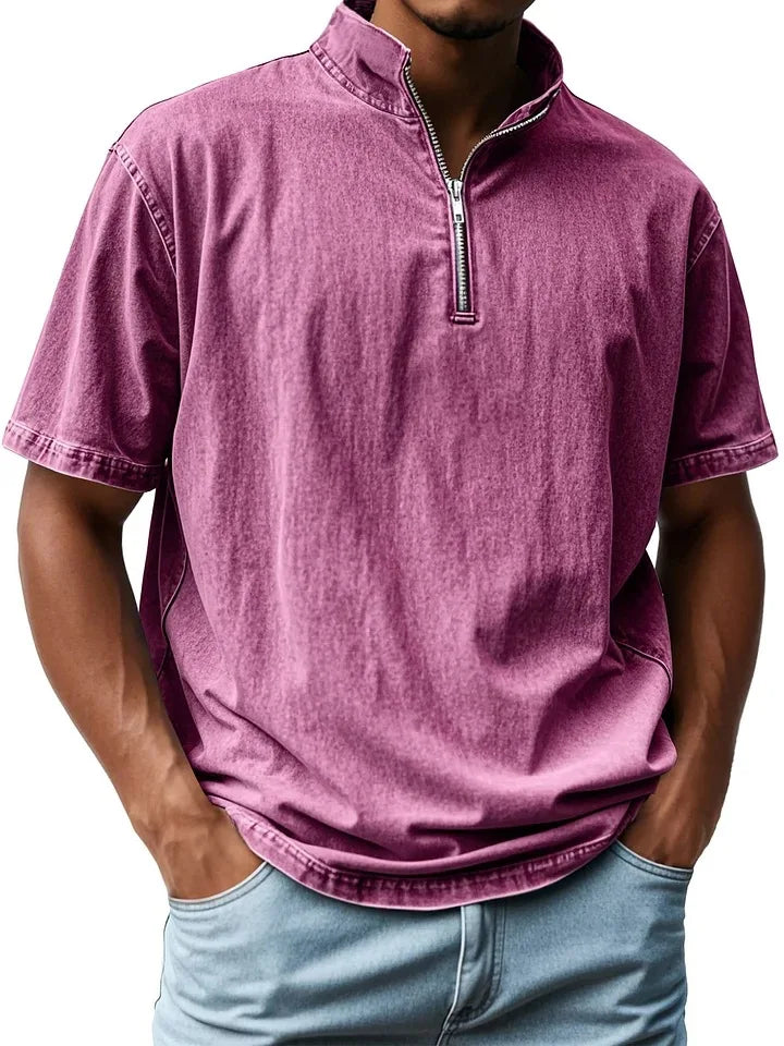 2025 Europe Fashion Zipper Fly Tops Men Short Sleeve Board T-shirt Solid Khaki Basic Vest Mens Casual Beach Shirts Pullovers New