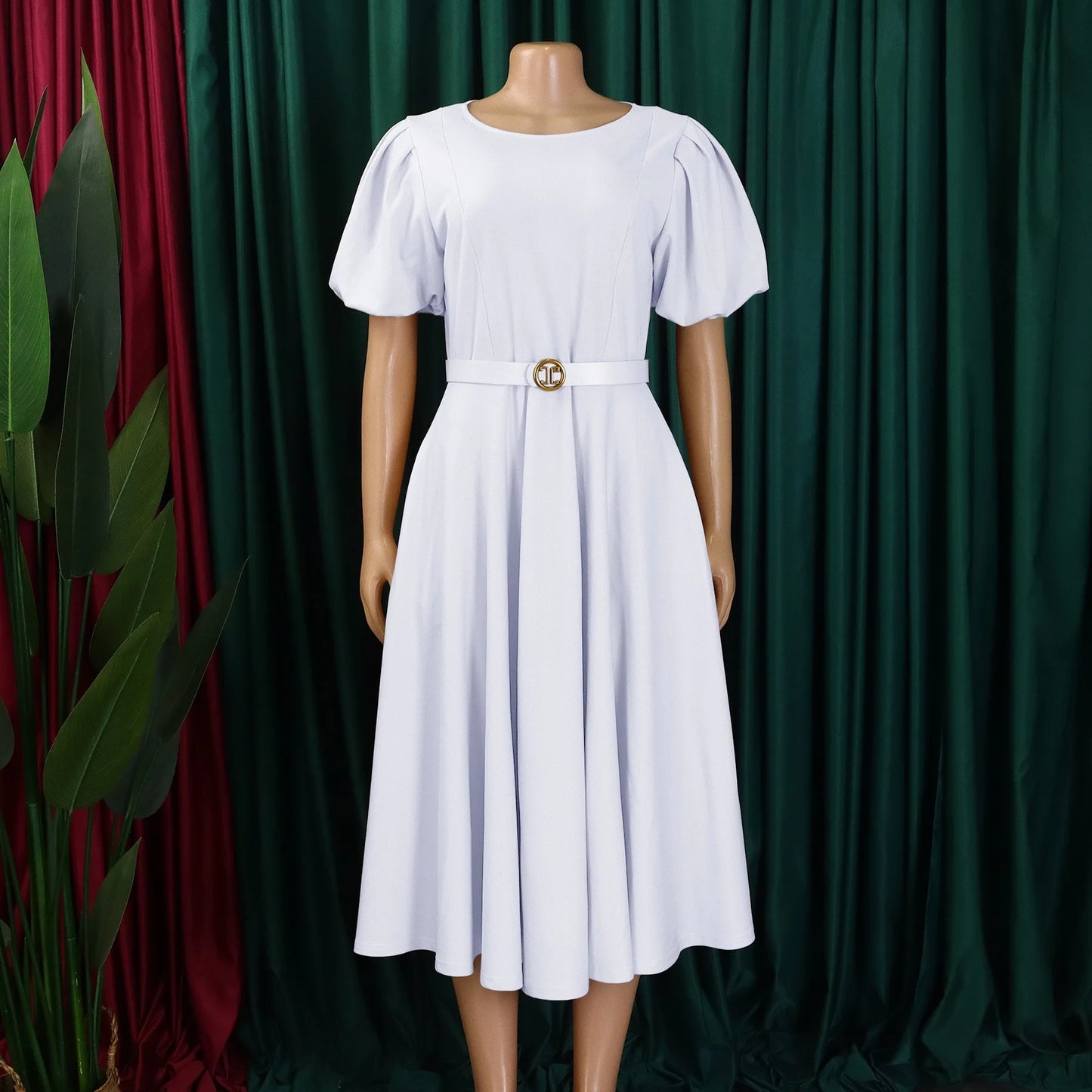 Elegant African Dresses For Women O Neck Short Sleeve Belt Waisted Pleated Mid Calf Fashion Female Birthday Party Dinner Dress
