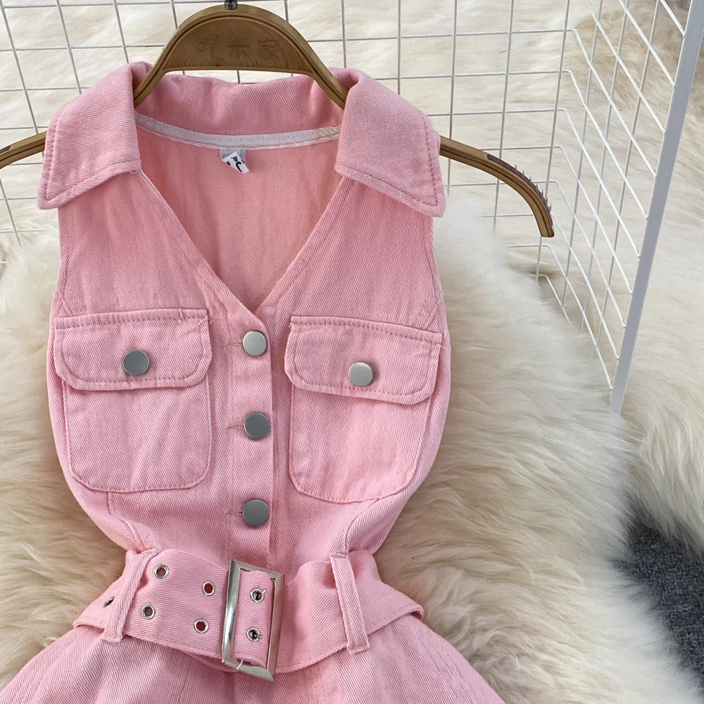 Youth Women Denim Dress Design V-Neck Slim Waist Short Peng Peng Pleated Jeans Dress With Belt Outfits For Girls