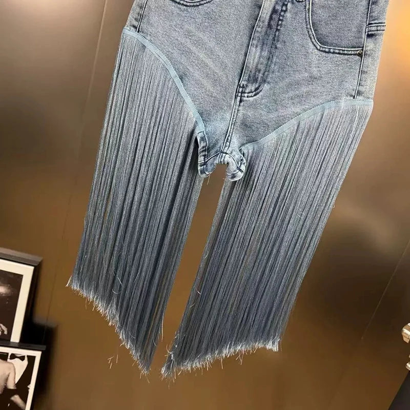DEAT 2025 Summer Fashion Niche Tassel Patchwork Heavy Industry Denim Shorts For Women High Waist Versatile Short Pants 11A04880