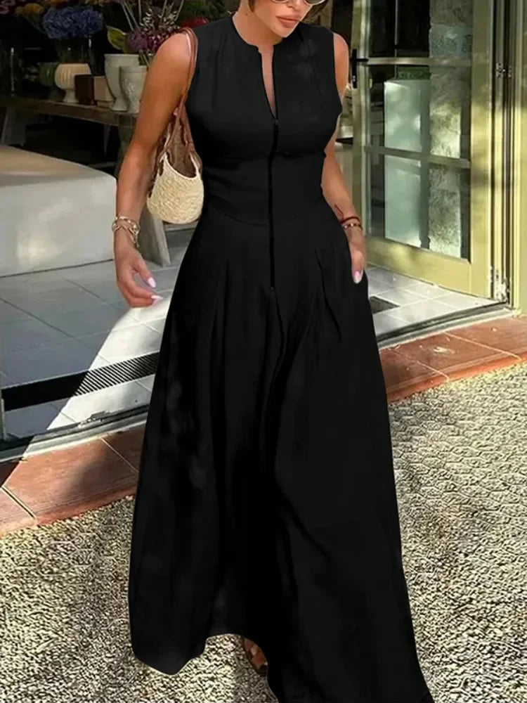 UOOZEE Office Lady Commute Pleated A-line Dress 2025 New Summer Fashion Solid Color Sleeveless Zipper Evening Maxi Dresses