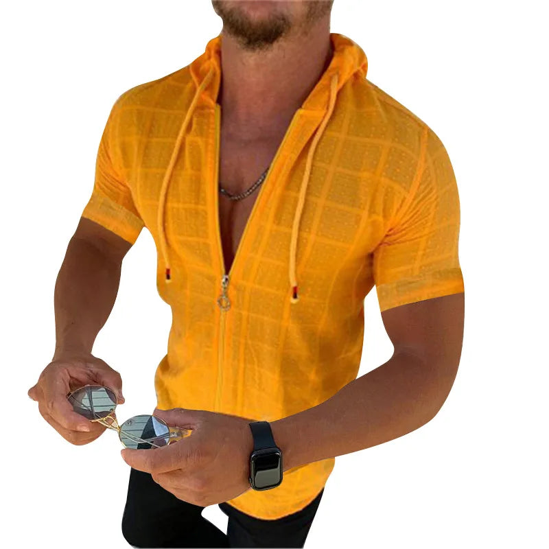 Fashion Long/Short sleeved Hoodie Zipper T shirt Men clothing Summer Solid color Casual Plaid print Open Stitch Thin Tshirt Mens