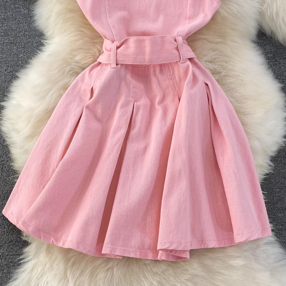 Youth Women Denim Dress Design V-Neck Slim Waist Short Peng Peng Pleated Jeans Dress With Belt Outfits For Girls
