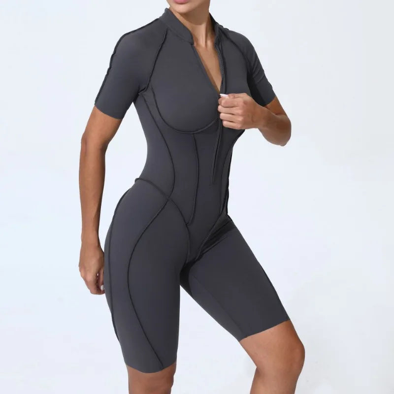 Zipper Short-sleeved Yoga Sports Fitness Jumpsuits Sets Without Chest Pad Tight Bodysuits Shorts Gym Workout Clothes for Women
