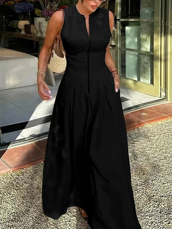 UOOZEE Office Lady Commute Pleated A-line Dress 2025 New Summer Fashion Solid Color Sleeveless Zipper Evening Maxi Dresses
