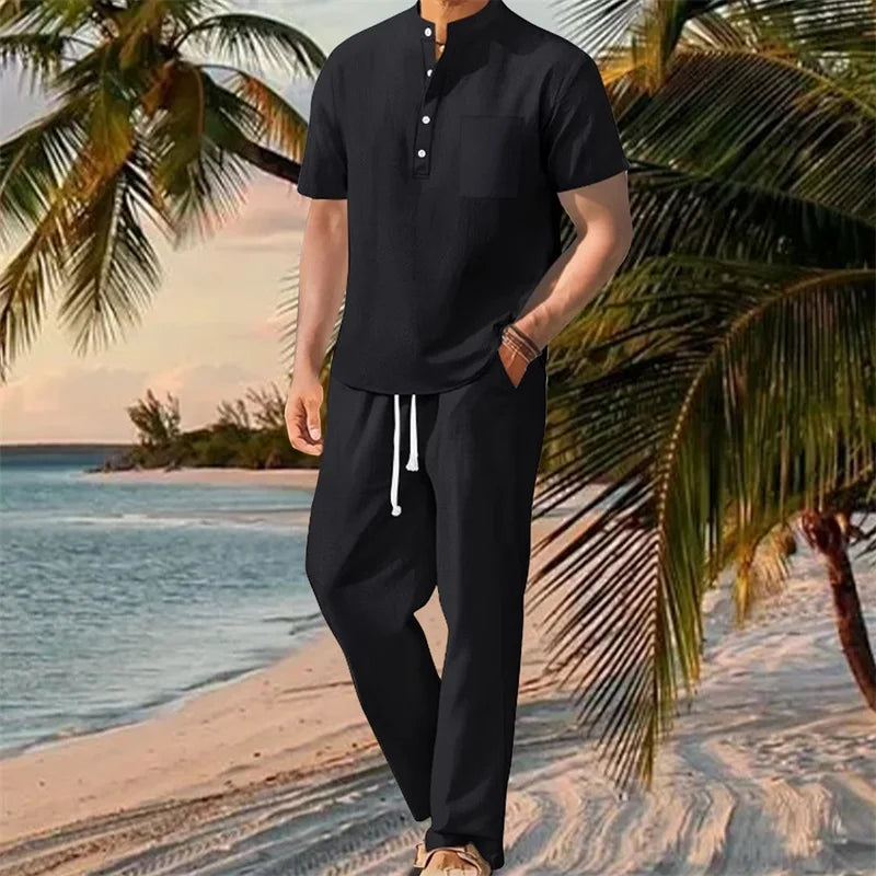Men s Casual 2 Piece Outfit Short Sleeve Henley Tops with Drawstring Pants Loose Solid Color Set for a Stylish Look