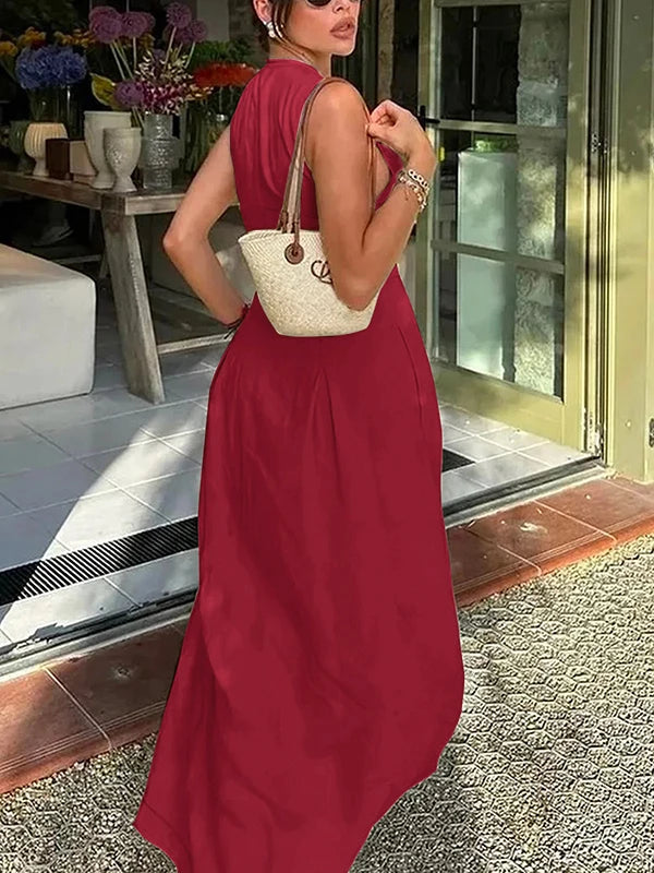 UOOZEE Office Lady Commute Pleated A-line Dress 2025 New Summer Fashion Solid Color Sleeveless Zipper Evening Maxi Dresses