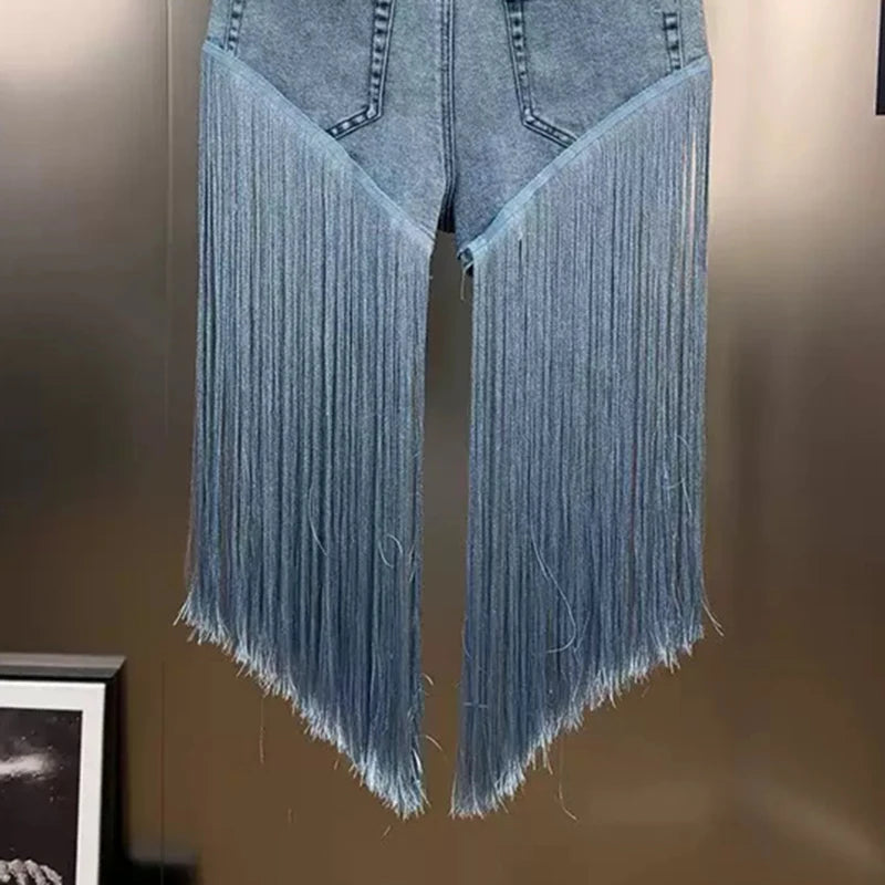 DEAT 2025 Summer Fashion Niche Tassel Patchwork Heavy Industry Denim Shorts For Women High Waist Versatile Short Pants 11A04880
