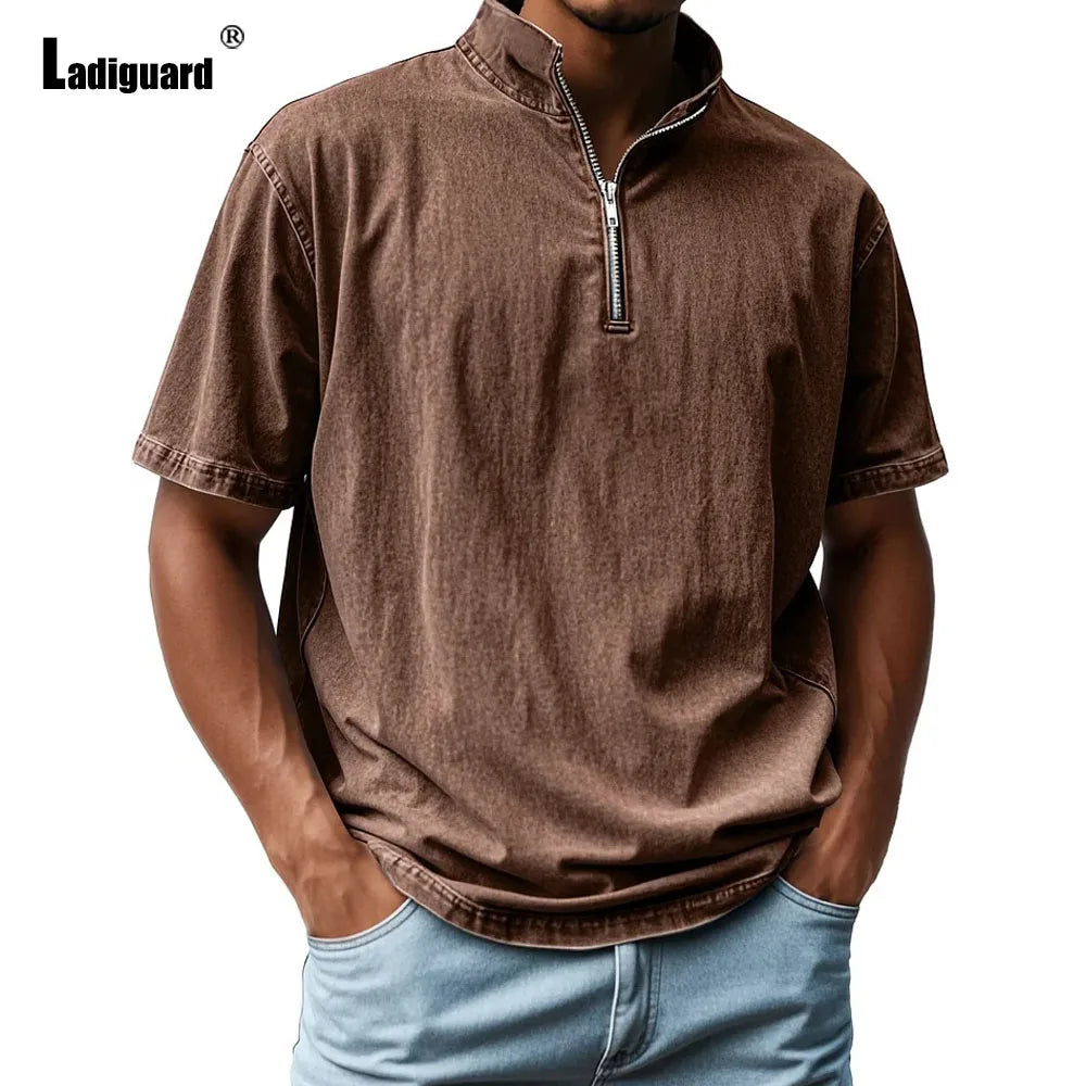 2025 Europe Fashion Zipper Fly Tops Men Short Sleeve Board T-shirt Solid Khaki Basic Vest Mens Casual Beach Shirts Pullovers New
