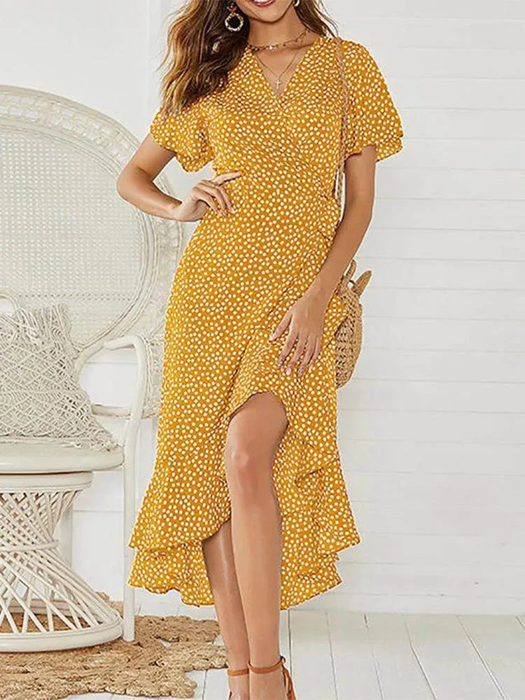 Floral Print Boho Maxi Dress Chiffon Wrap V Neck Ruffles