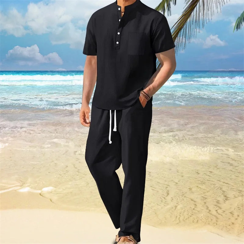 Men s Casual 2 Piece Outfit Short Sleeve Henley Tops with Drawstring Pants Loose Solid Color Set for a Stylish Look