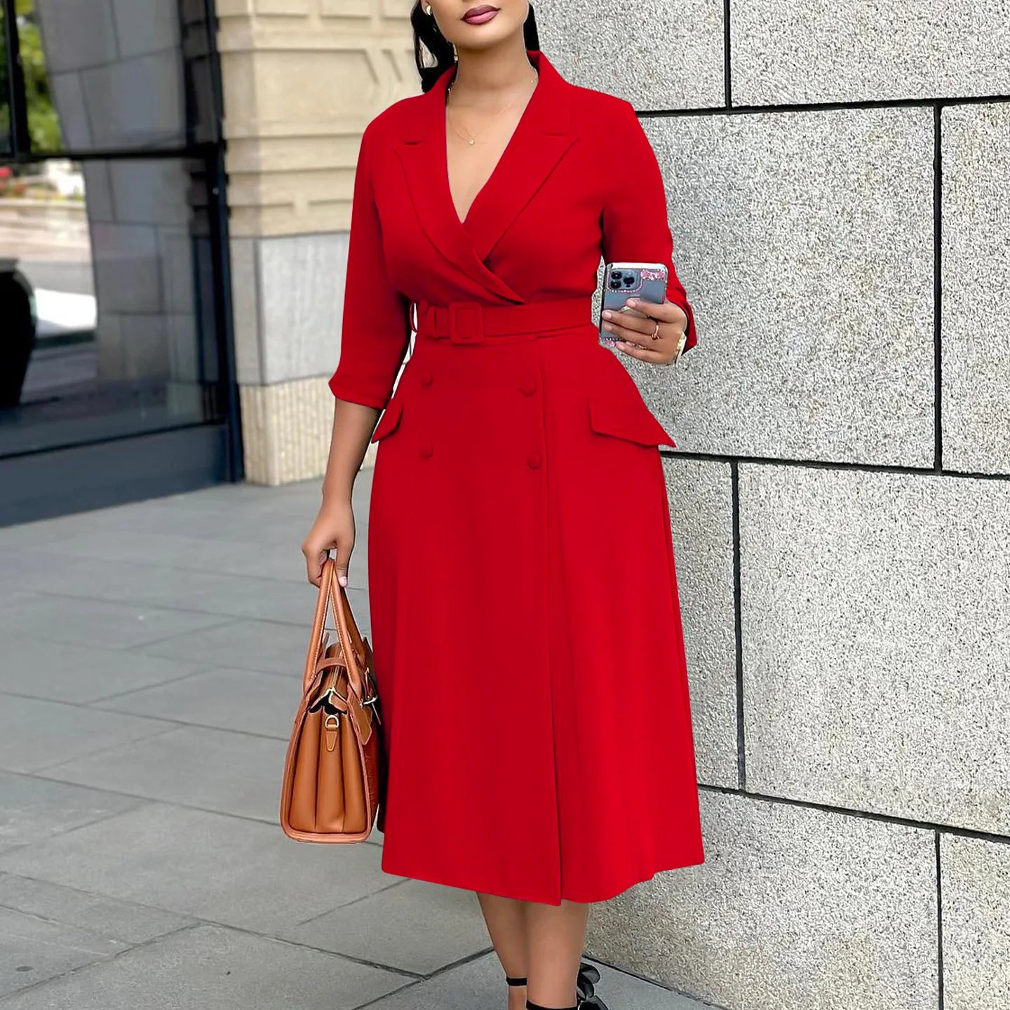 CM.YAYA Women Notched Neck Elegant Full Sleeve Midi Dress 2024 Fall  OL Work Belt Streetwear Africa Party Club Dresses Vestidos