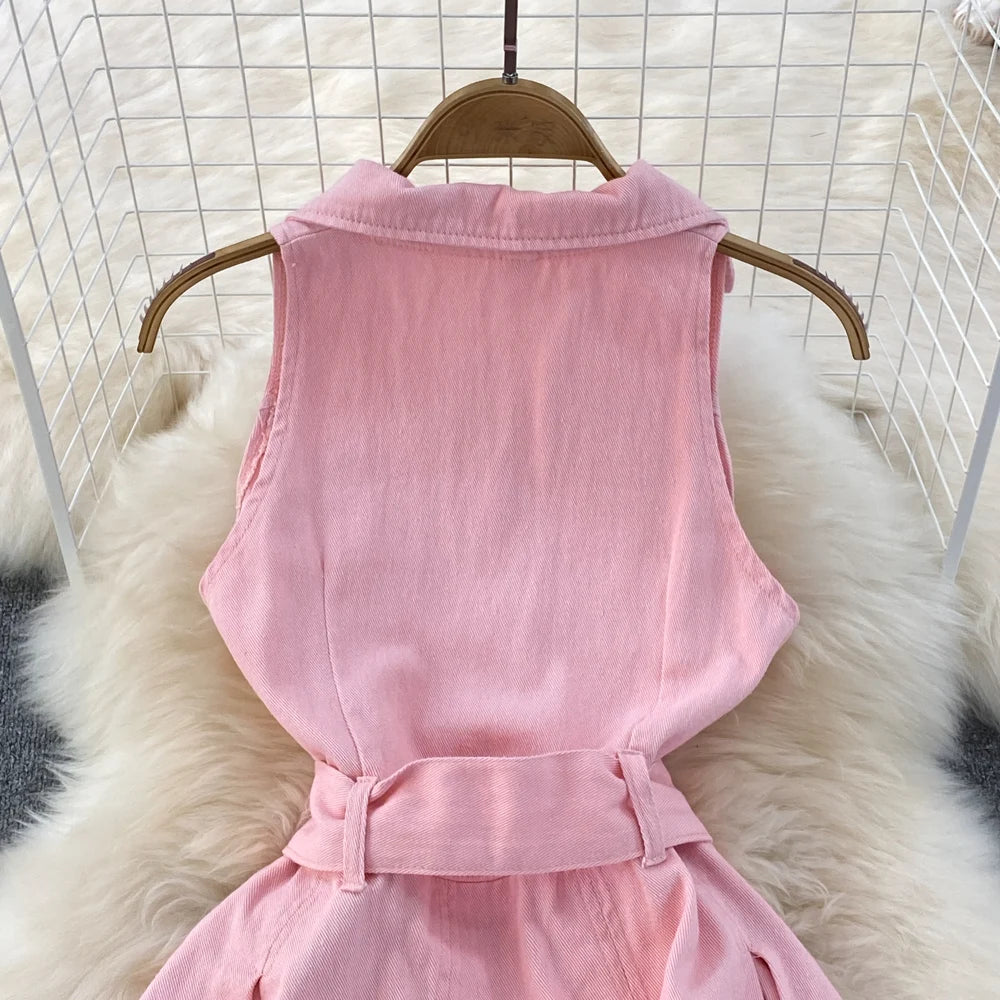 Youth Women Denim Dress Design V-Neck Slim Waist Short Peng Peng Pleated Jeans Dress With Belt Outfits For Girls