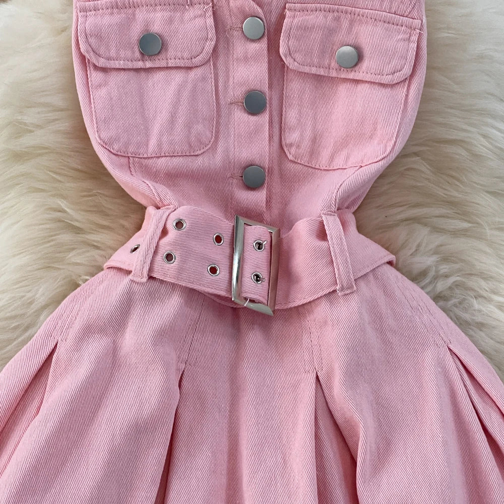 Youth Women Denim Dress Design V-Neck Slim Waist Short Peng Peng Pleated Jeans Dress With Belt Outfits For Girls