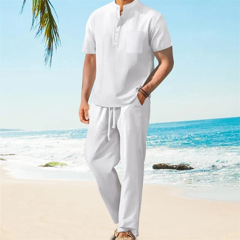 Men s Casual 2 Piece Outfit Short Sleeve Henley Tops with Drawstring Pants Loose Solid Color Set for a Stylish Look