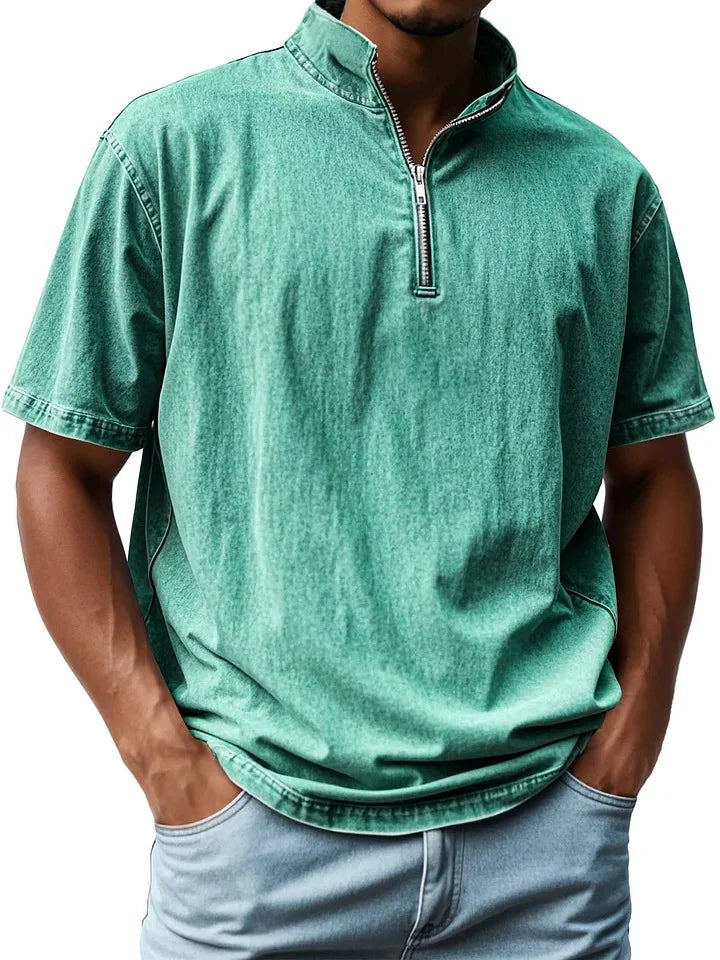 2025 Europe Fashion Zipper Fly Tops Men Short Sleeve Board T-shirt Solid Khaki Basic Vest Mens Casual Beach Shirts Pullovers New