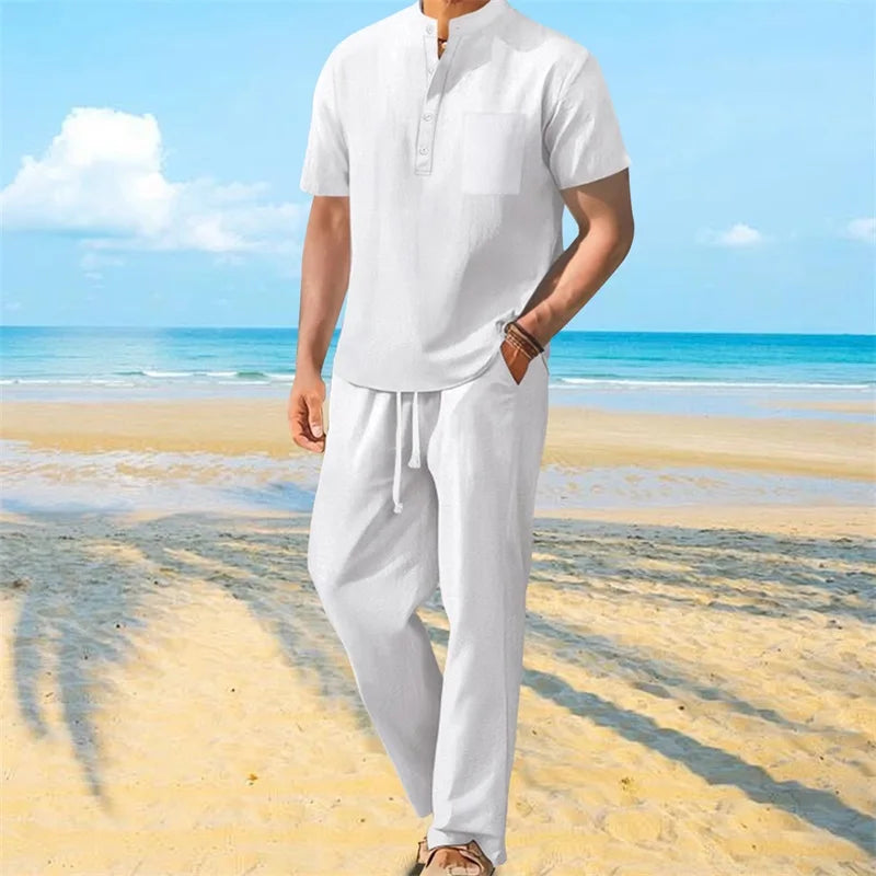Men s Casual 2 Piece Outfit Short Sleeve Henley Tops with Drawstring Pants Loose Solid Color Set for a Stylish Look