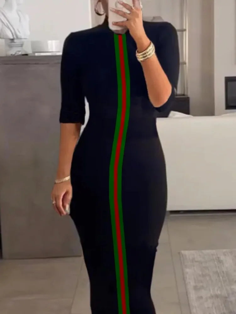Freeacy 2025 Women's Contrast Color Striped Bodycon Dress Roun Neck Half Sleeves Slim Evening Dresses Wedding Guest Gowns