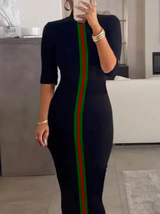Freeacy 2025 Women's Contrast Color Striped Bodycon Dress Roun Neck Half Sleeves Slim Evening Dresses Wedding Guest Gowns