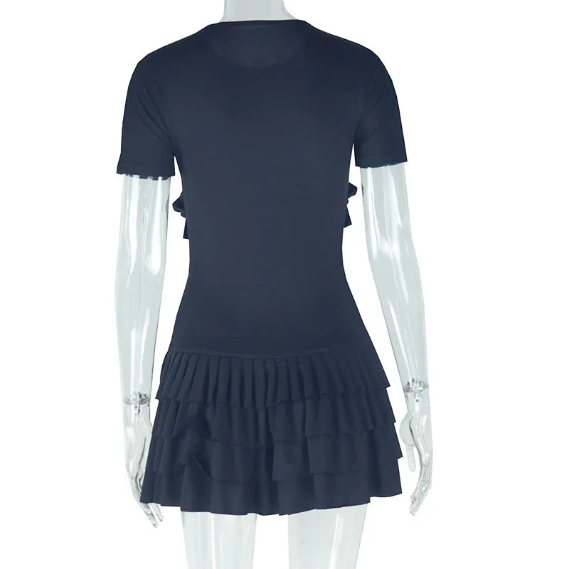 CM.YAYA Women Short Sleeve O-neck Ruffles Ruched Mini Dress 2025 Summer Sweet Girl Stacked Party Evening Night Club Chic Dresses