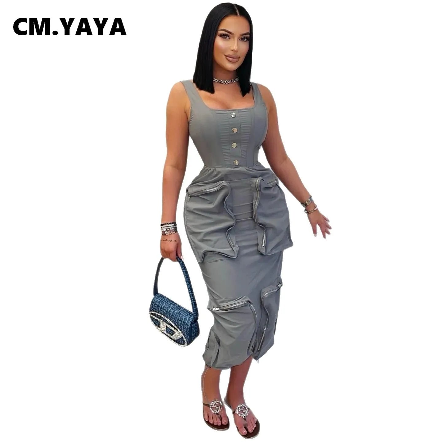 O Neck Pockets Cargo Midi Sleeveless Dress Women Night Club