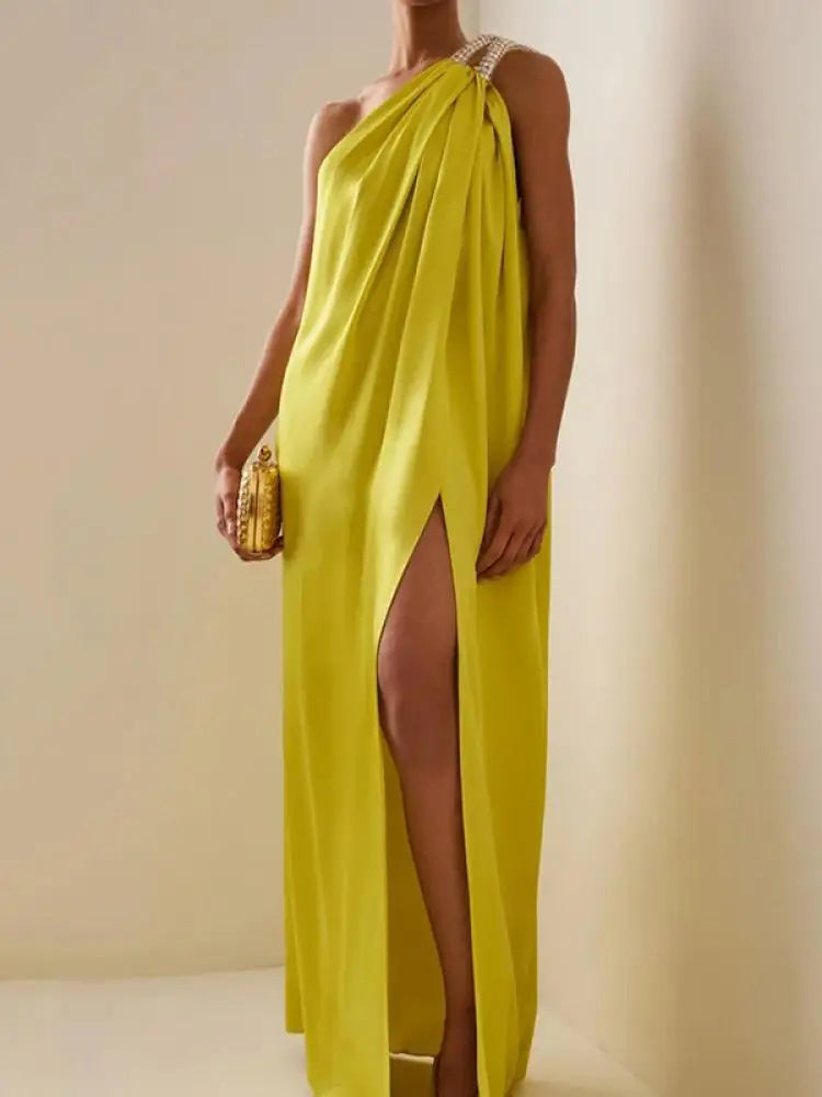 One Shoulder Halter Prom Dress With Pleated Split Side