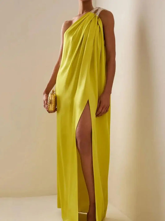 Women Fashion One-Shoulder Split-Side Halter Prom Dress 2024 New Summer Sleeveless Pleated Party Evening Dresses