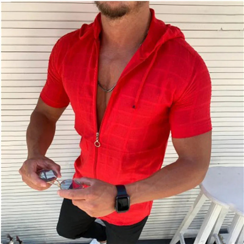 Fashion Long/Short sleeved Hoodie Zipper T shirt Men clothing Summer Solid color Casual Plaid print Open Stitch Thin Tshirt Mens