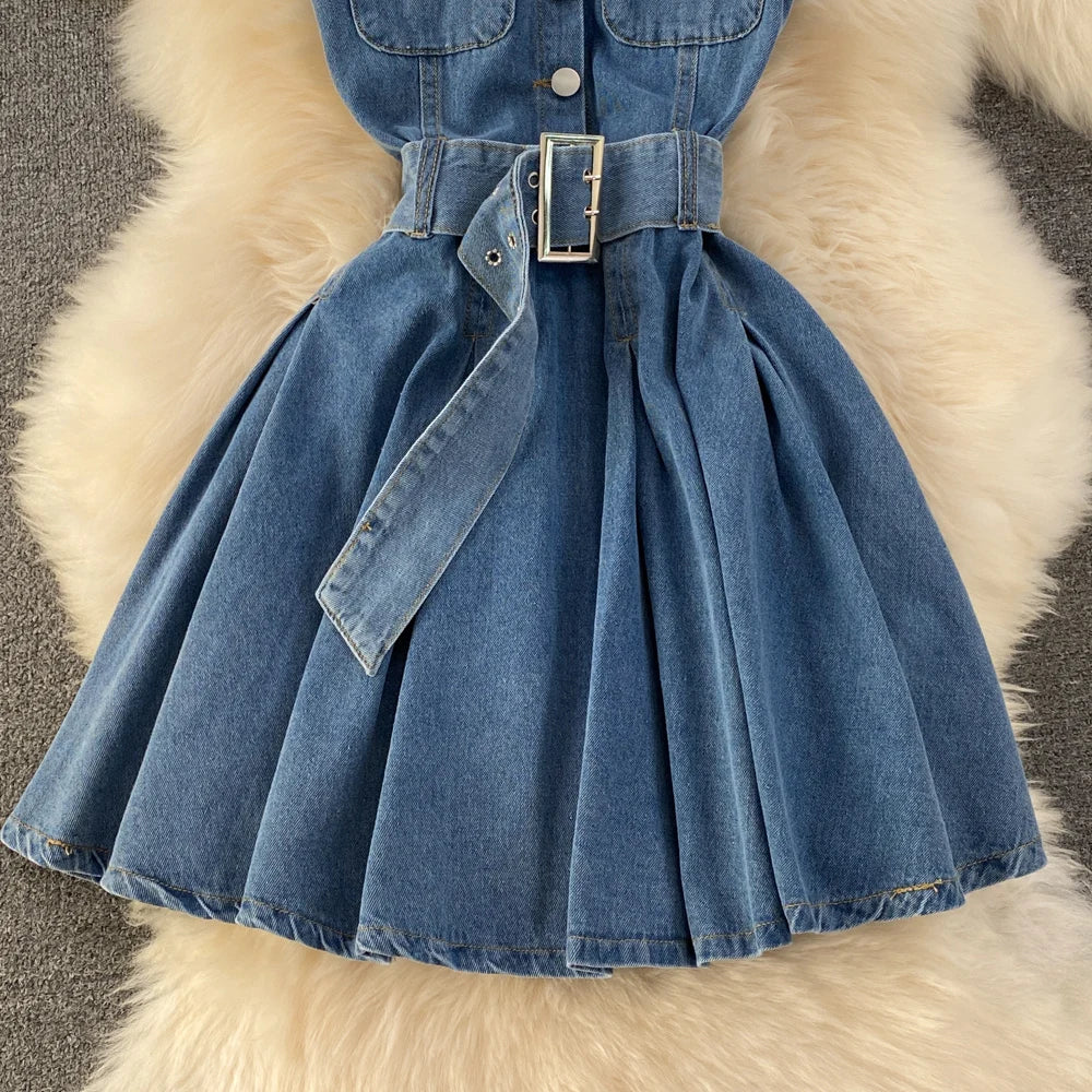 Youth Women Denim Dress Design V-Neck Slim Waist Short Peng Peng Pleated Jeans Dress With Belt Outfits For Girls