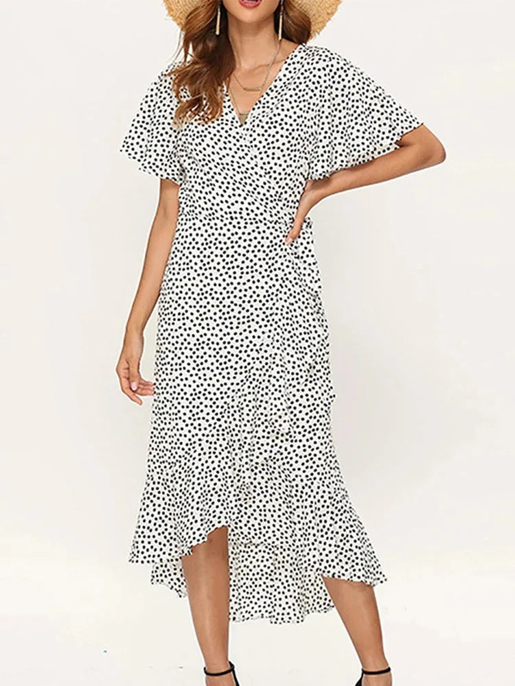 Floral Print Boho Maxi Dress Chiffon Wrap V Neck Ruffles