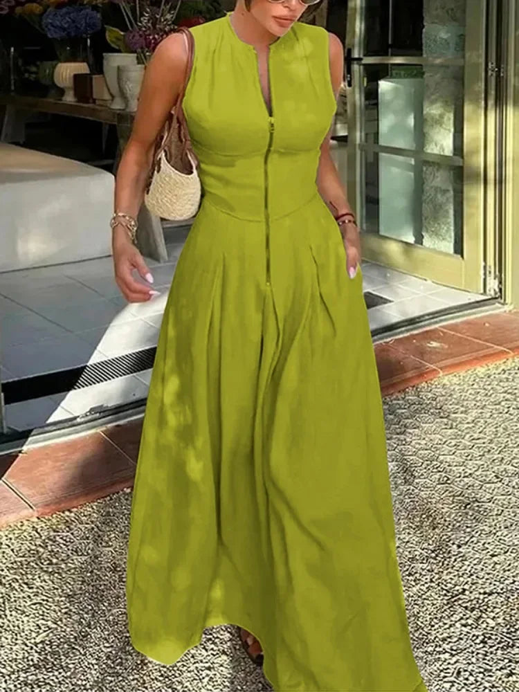 UOOZEE Pleated A Line Office Dress With Zipper Design