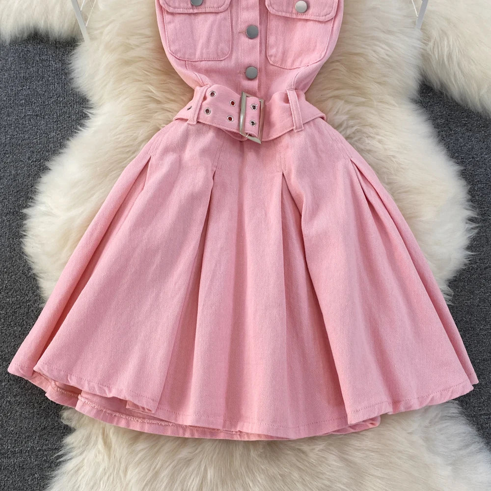 Youth Women Denim Dress Design V-Neck Slim Waist Short Peng Peng Pleated Jeans Dress With Belt Outfits For Girls