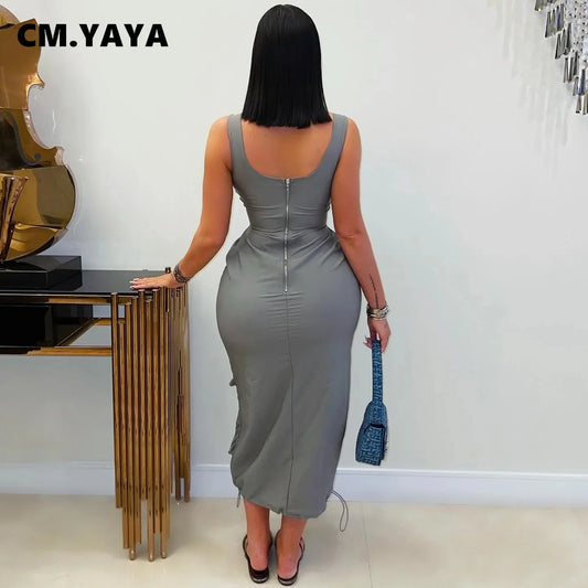 O Neck Pockets Cargo Midi Sleeveless Dress Women Night Club