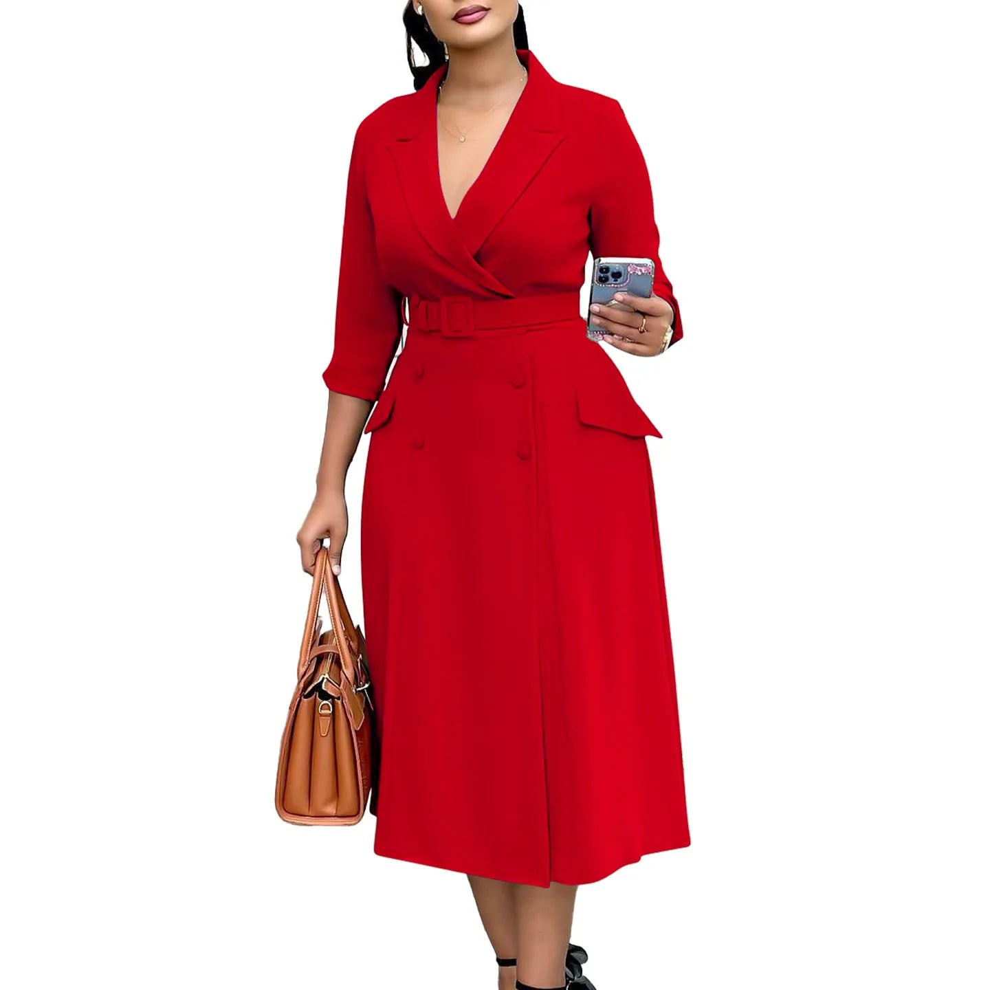 CM.YAYA Women Notched Neck Elegant Full Sleeve Midi Dress 2024 Fall  OL Work Belt Streetwear Africa Party Club Dresses Vestidos