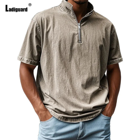 2025 Europe Fashion Zipper Fly Tops Men Short Sleeve Board T-shirt Solid Khaki Basic Vest Mens Casual Beach Shirts Pullovers New