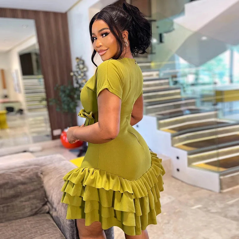CM.YAYA Women Short Sleeve O-neck Ruffles Ruched Mini Dress 2025 Summer Sweet Girl Stacked Party Evening Night Club Chic Dresses