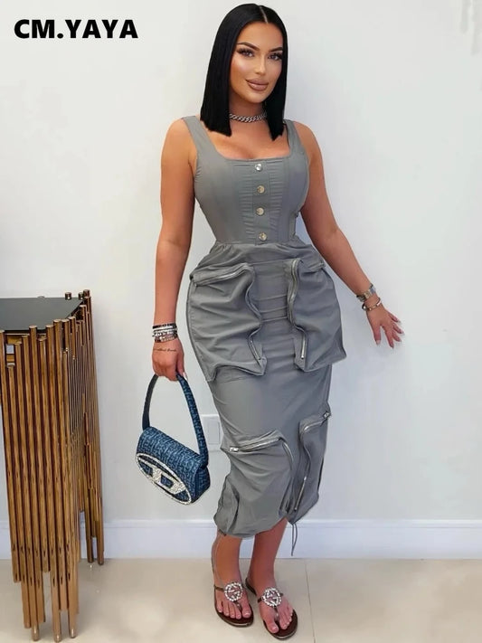O Neck Pockets Cargo Midi Sleeveless Dress Women Night Club