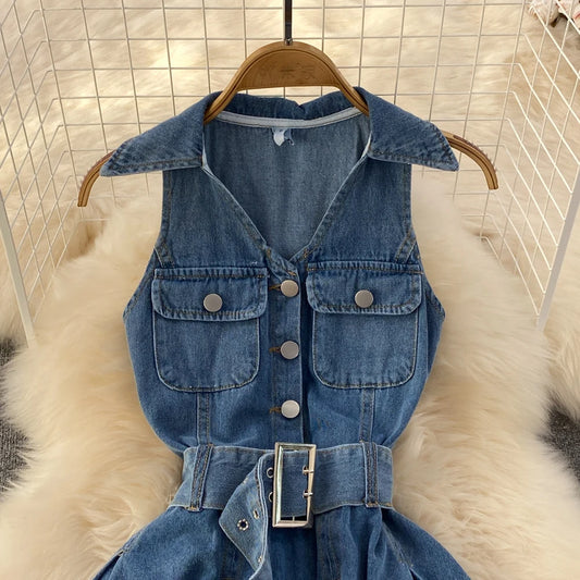 Youth Women Denim Dress Design V-Neck Slim Waist Short Peng Peng Pleated Jeans Dress With Belt Outfits For Girls